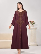 Rhinestone V-Neck Abaya Long