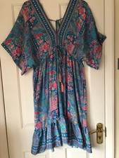 Stunning Boho Silk feel Midi Kaftan Dress Size S16 New Holiday Beach Cruise