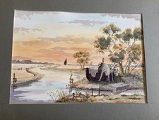 WATERCOLOUR BOAT WRECK HOME BROADS & WINTER SCENE Nearly Home Rover Jack Gillett