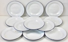 1950s Enamel Plates Set x12 White Blue Rim 10.5in TV Prop Rustic Stage Camping