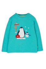 Frugi Kid's Long Sleeve Adventure Applique Top – Sea Green /Penguin (Imperfect)