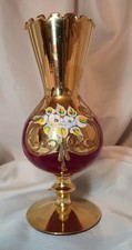 Vintage Venetian Red Murano Glass Vase With Enamel Decoration 22ct Gold Gilding