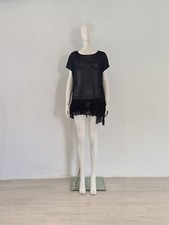ISCHIKO Black Sheer Ruffle Top UK 12 14 EU 40 42 Mesh See-Through Cotton TShirt