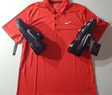 GOLF BUNDLE TW71 New Black Nike golf shoes men's Sz 9.5 + Red Polo & TW hat!  