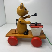 Vintage Wooden Bear Toy Xylophone Pull Along with Red Wheels Musical