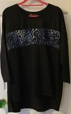Frank Usher Top In Black with Blue Leopard Print Front Panel Plus Size Used VGC