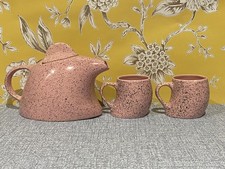Rare Mid Century Swinesdale Ceramic Pink Speckled Teapot And Cups