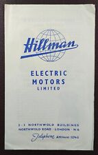 1950s HILLMAN Electric Motors Ltd. Leaflet - Kitchen & Home Appliances