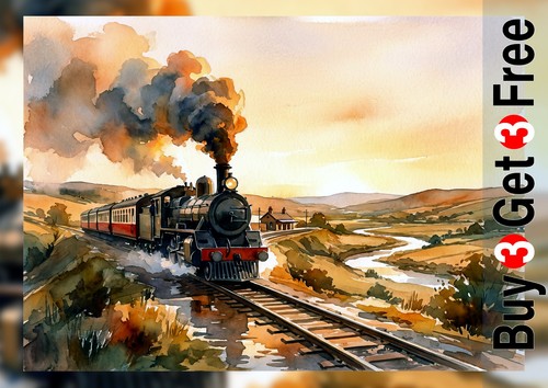 Steam train countryside - countryside, 5"x7"