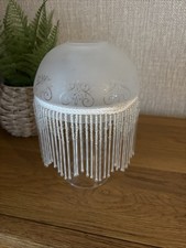 Frosted Glass Etched Lamp Shade with Glass Bead Fringe Tassel Art Deco Dia 15cm