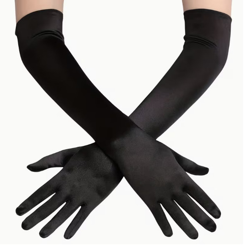 Long black satin - black, gloves