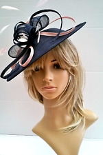 New.Navy with candy pink trim Sinamay & Feather Fascinator Shaped  disc,Wedding.