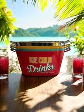 Retro Large Ice Cold Drinks Metal Bucket, Oval Party Beverage Tub with Handles