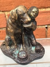 ANTIQUE FRENCH BRONZE SCULPTURE OF YOUNG BOY & DOG BY ALBERT SCHULTZ, SIGNED