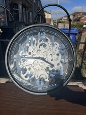 Vintage Black & Silver Analogue Wall Clock With Moving Gears 40cm