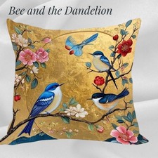 Golden Chinoiserie Bird and Floral Cushion COVER  45cms x 45cms
