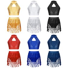 Girls Dance Outfits 2 Piece Sequined Crop Top with Fringe Shorts Modern Jazz Set