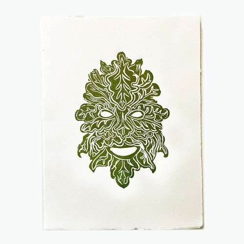 Green man oak - oak, linocut