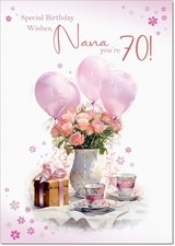 Doodlecards Nana 70th Birthday Card Age 70 Tea Party and Balloons
