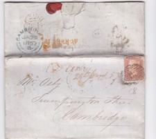1857 QV 1d PENNY RED STAMP FAULTS ON LONDON LETTER TO CAMBRIDGE TOO LATE GPO
