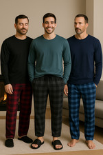 Mens PJ's FLANNEL Set Pyjamas Thermal Crew neck CHECK Long Sleeve Nightwear