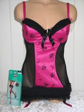 BABYDOLL SIZE 10 32D PINK SATIN BLACK MESH LA SENZA STOCKINGS SET BNWT FREEPOST