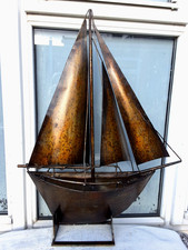 LARGE VINTAGE COPPERED METAL SAILING BOAT MODEL on STAND - 76 CM HIGHT