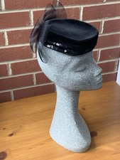 Vintage BHS Black Velvet Pillbox Hat with Bow & Sequins & Original Hat Pin VGC
