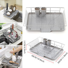 Grey Steel Kitchen Dish Drainer Rack with Plastic Drip Tray Cutlery Holder