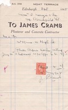 James Cramb Edinburgh 1948 Plasterer & Concrete Contractor Stamp Receipt Rf38203