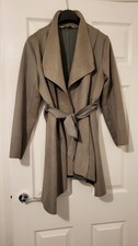 Yumi Taupe Faux Suede Waterfall Belted Jacket Coat Size 14 L Soft Drape Style