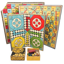 Vintage Ludo & Snakes and Ladders Board Games w/ Counters Dice Shaker 1930s
