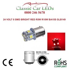24 VOLT RED 8 SMD 5050 LED BULB GLB149 BA15S 5W R5W R10W POSITIVE NEGATIVE EARTH