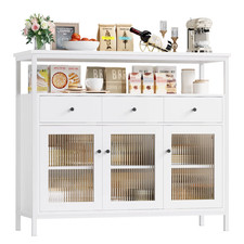 Sideboard White Kitchen Storage Cabinet Buffet Cupboard 3 Drawer Glass Doors