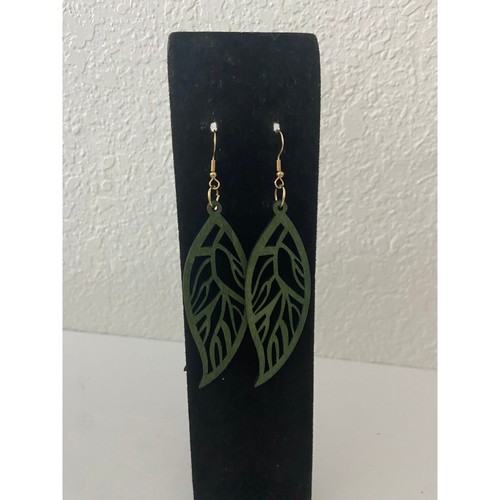 Green wood leaf earrings