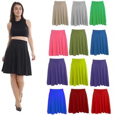 Ladies Plain Elasticated Waist Knee Length Skater Midi Skirt Swing Flared Jersey