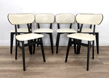 DINING CHAIRS 6 MidCentury Scandi Black Wood White Vinyl Backrest Padded Seats