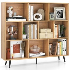 COSTWAY 10-Cube Bookcase Mid Century Modern Storage Organizer-Natural