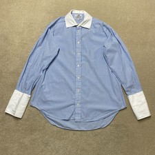 Harvie & Hudson Button-Up Shirt Men's 16 Blue Long-Sleeve Pin Stripe French Cuff