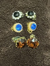 3 Pairs Of Vintage Clip On Costume Earrings
