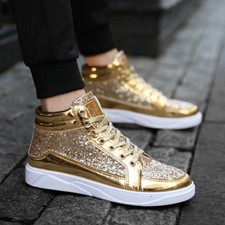 Mens Trendy Ankle Boots Flat Heel Sequins Glitter Rivet Lace Up High Top Shoes