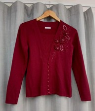 DAMART Ladies Claret Red Sweater Size 8 Wool Blend Knit Beaded Applique