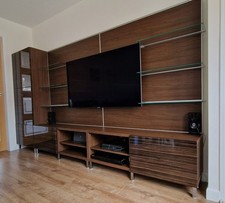 Ikea TV unit and cupboard in walnut style finish, with gloss doors & chrome legs