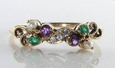 SUFFRAGETTE 9K 9CT GOLD AMETHYST EMERALD PEARL DIAMOND ART DECO INS RING Size U