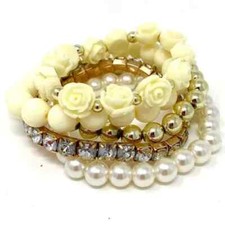 Rose Pearl Beaded Stretch Stacking Bracelet Set Statement Vintage Crystal