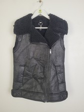 M&S Faux Leather Borg-Lined Aviator Gilet Black Size UK 10 NEW F2