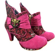 New Irregular Choice Miaow Pink Ankle Boots Womens EU41 Cat Floral Brocade