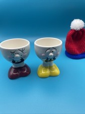 Pair Of Vintage Novelty Egg Cups 'Funny Face' With Shoes Wool Hat Ceramic