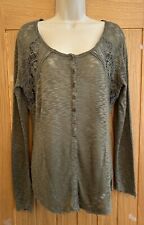 Poof Ladies Grey Green Lace Crochet Button Front Thin Jumper Size 12 40in Chest