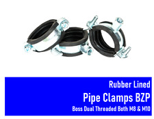 RUBBER LINED TWO PIECE PIPE CLAMPS CLIPS BZP BOSS DUAL THREADED BOTH M8 & M10